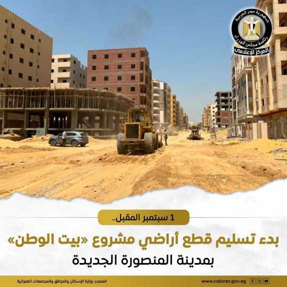 أول سبتمبر  .. بدء إجراءات تسليم قطع الأراضي السكنية بمشروع «بيت الوطن» بالمنطقة السادسة بالمرحلة الثانية بمدينة المنصورة الجديدة